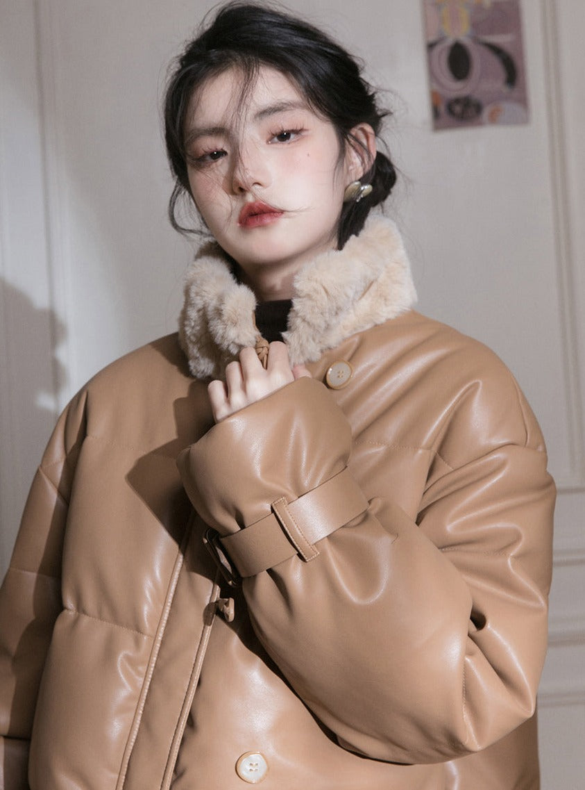 Fur Collar Leather Down Jacket