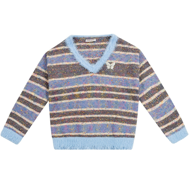 American stripe fringed big V-neck sweater coat
