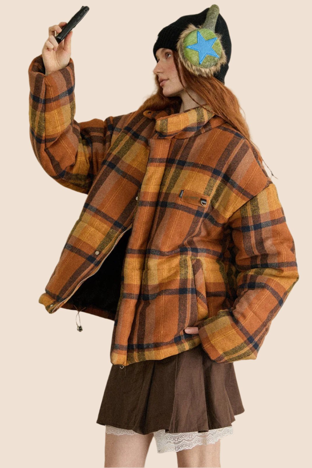 EZEK American Retro Plaid Stand Collar Down Cotton Jacket Women's Autumn and Winter New Loose Warm Bread Jacket Contrast Jacket