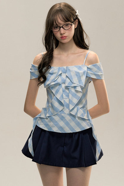 Blauer Check Bow Straight Shoulder Top 