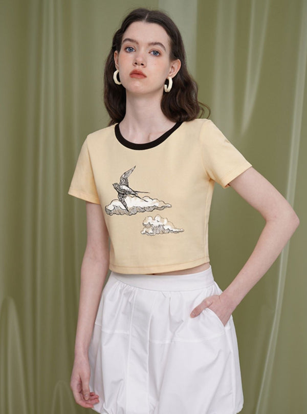 Swallow Print Slim Cotton T-Shirt