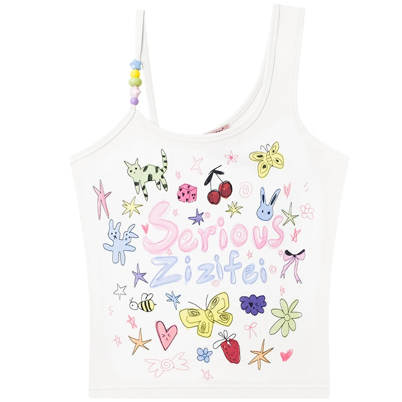 Retro Cartoon Graffiti Beaded Vest Top