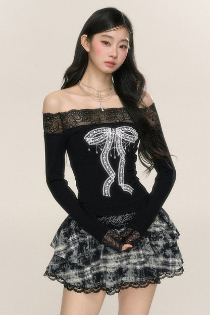 [September 26 at 20 o'clock on sale] less eyes night in Paris long-sleeved one-shoulder lace T-shirt women's early autumn