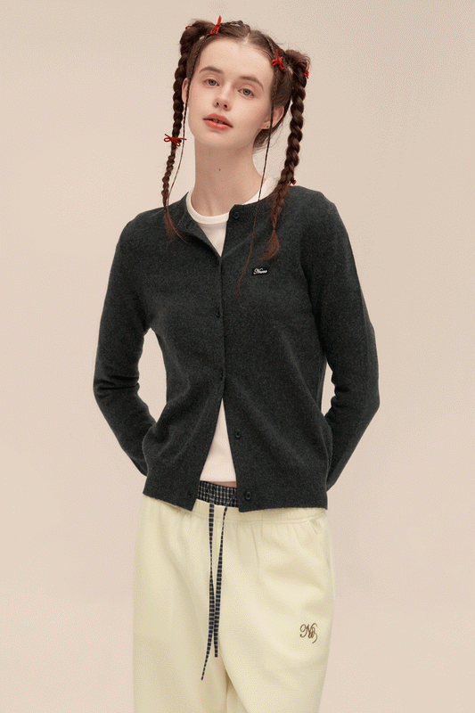 WOVEN WOOL CREW NECK KNITTED CARDIGAN