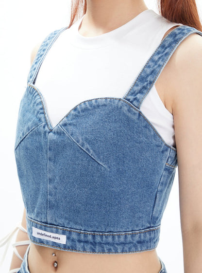 Strap Tank Top Denim Pants Two Piece Set