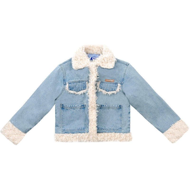 American thickened cotton denim lamb wool coat