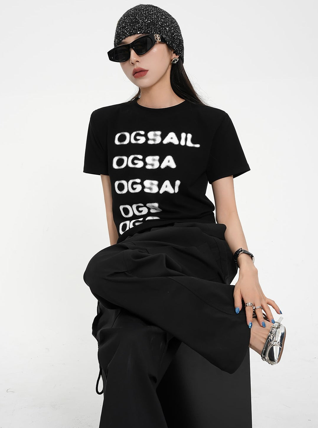 SRYS American Street Schriftzug gedruckt mit gepolsterten Schultern Rundhalsausschnitt Kurzarm T-Shirt Damen Sommer neue Top