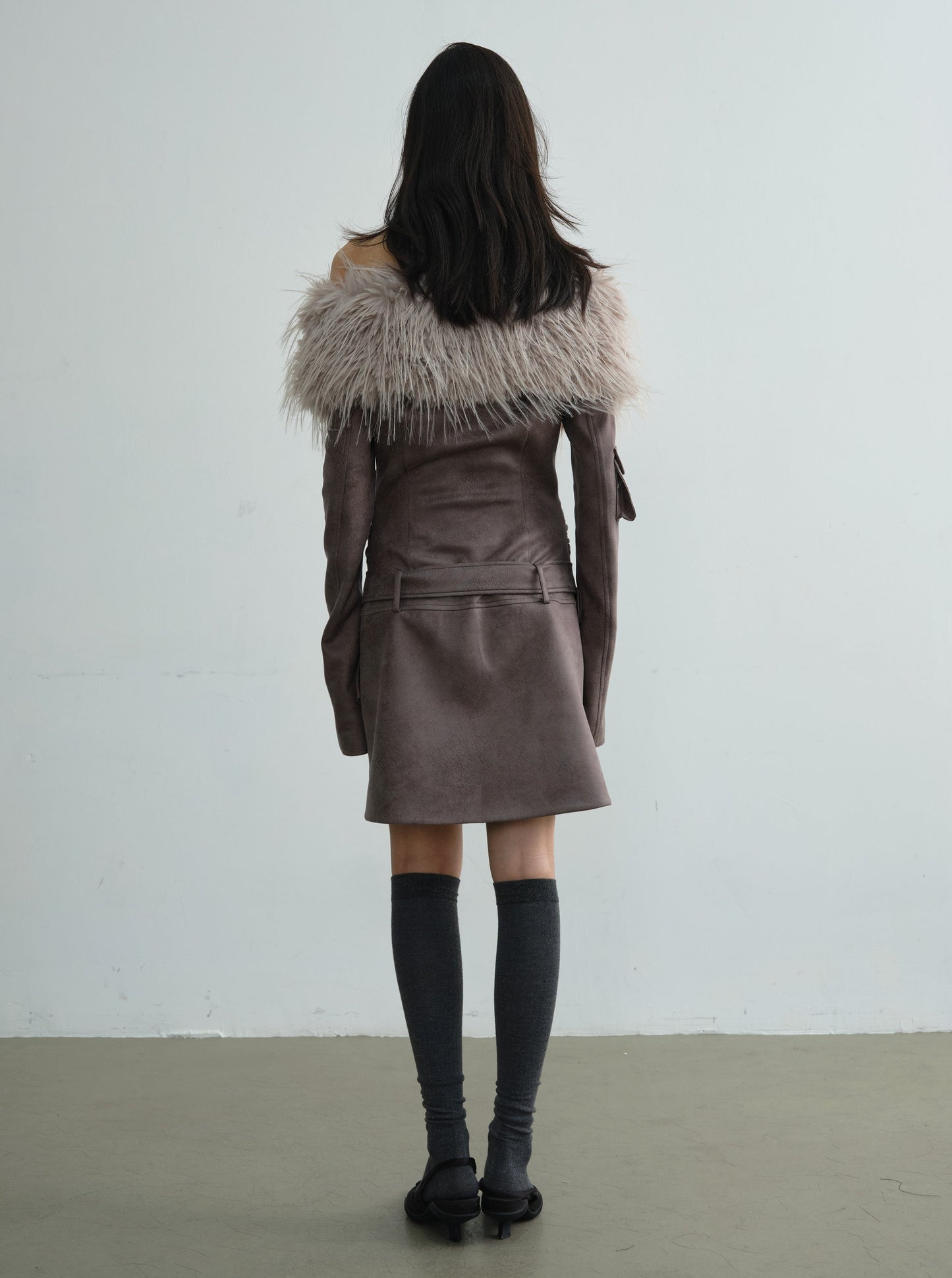 shoulder fur-collared suede dress