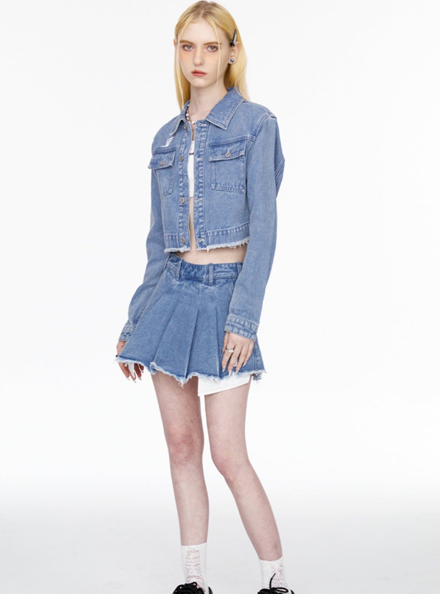 Washed Blue Pleated Denim Skirt