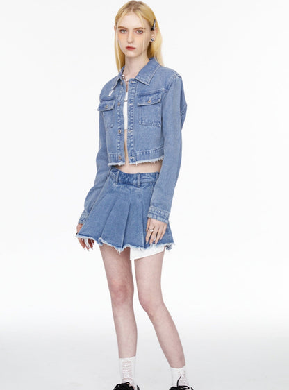 Washed Blue Pleated Denim Skirt