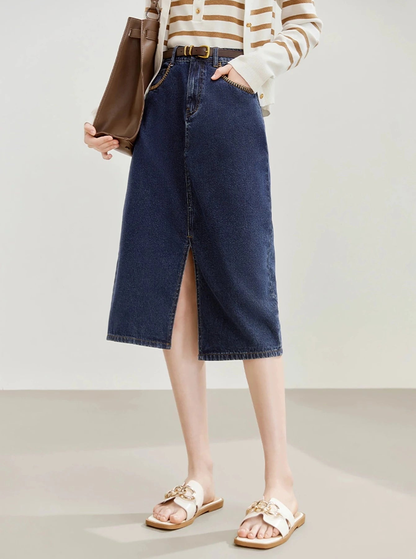 Retro Slit Denim Midi Skirt