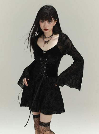 Retro Long Sleeve Velvet Black Dress