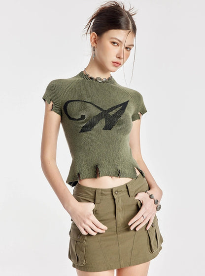 Army Green Ripped Crew Neck Sweater