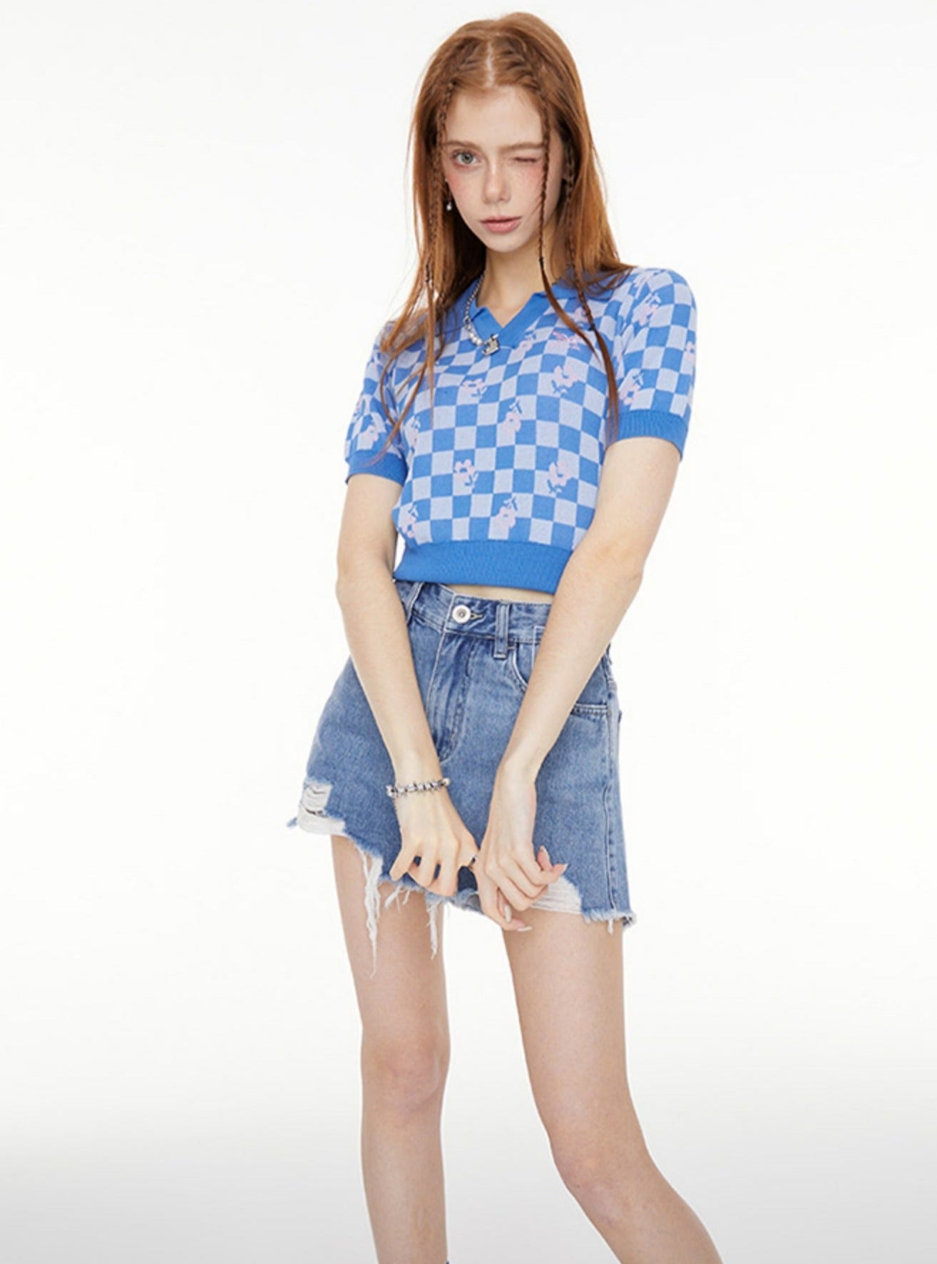 Blue Checkerboard Short Sleeve Polo Shirt