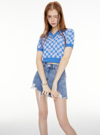 Blue Checkerboard Short Sleeve Polo Shirt