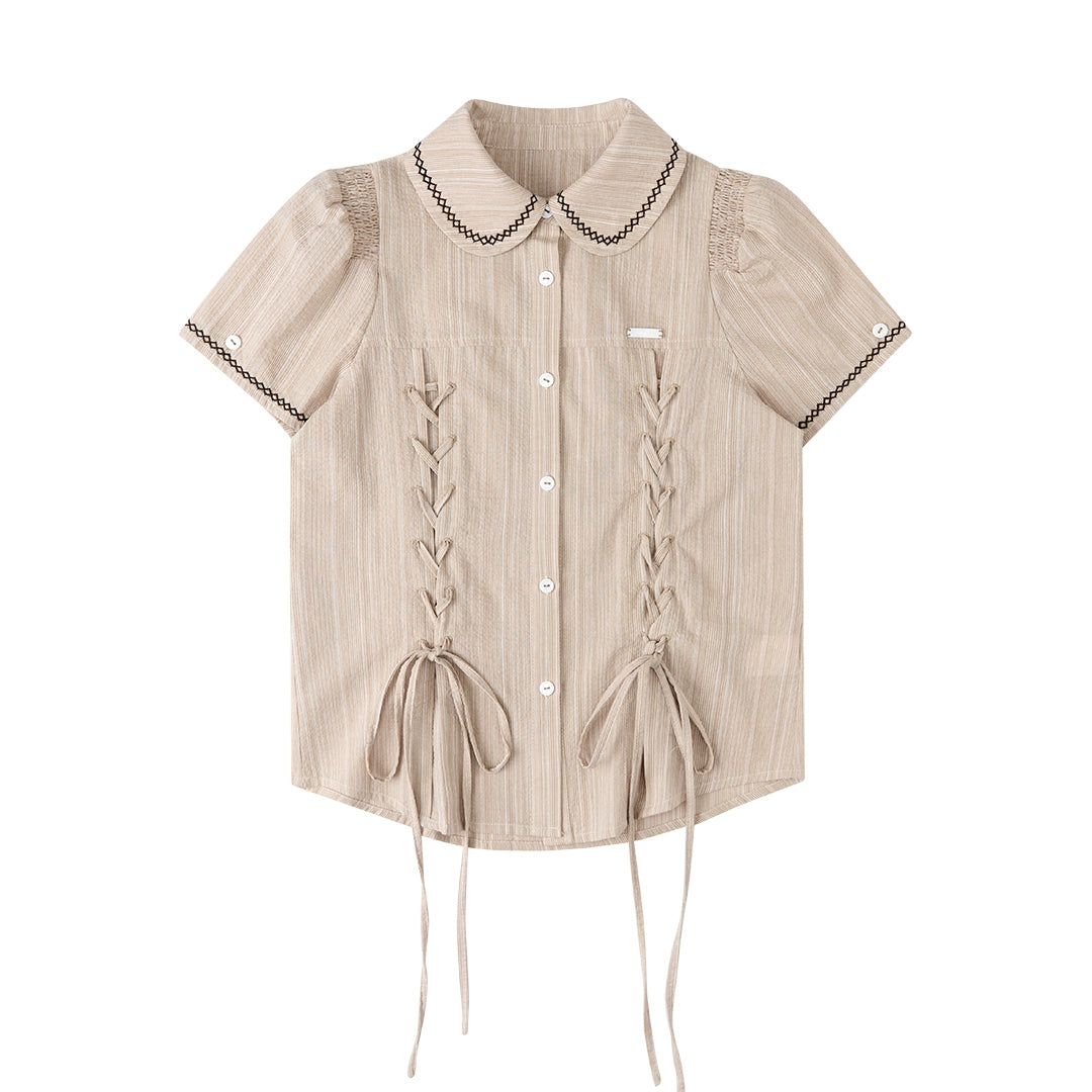 Blue Striped Cropped Casual Doll Collar Shirt