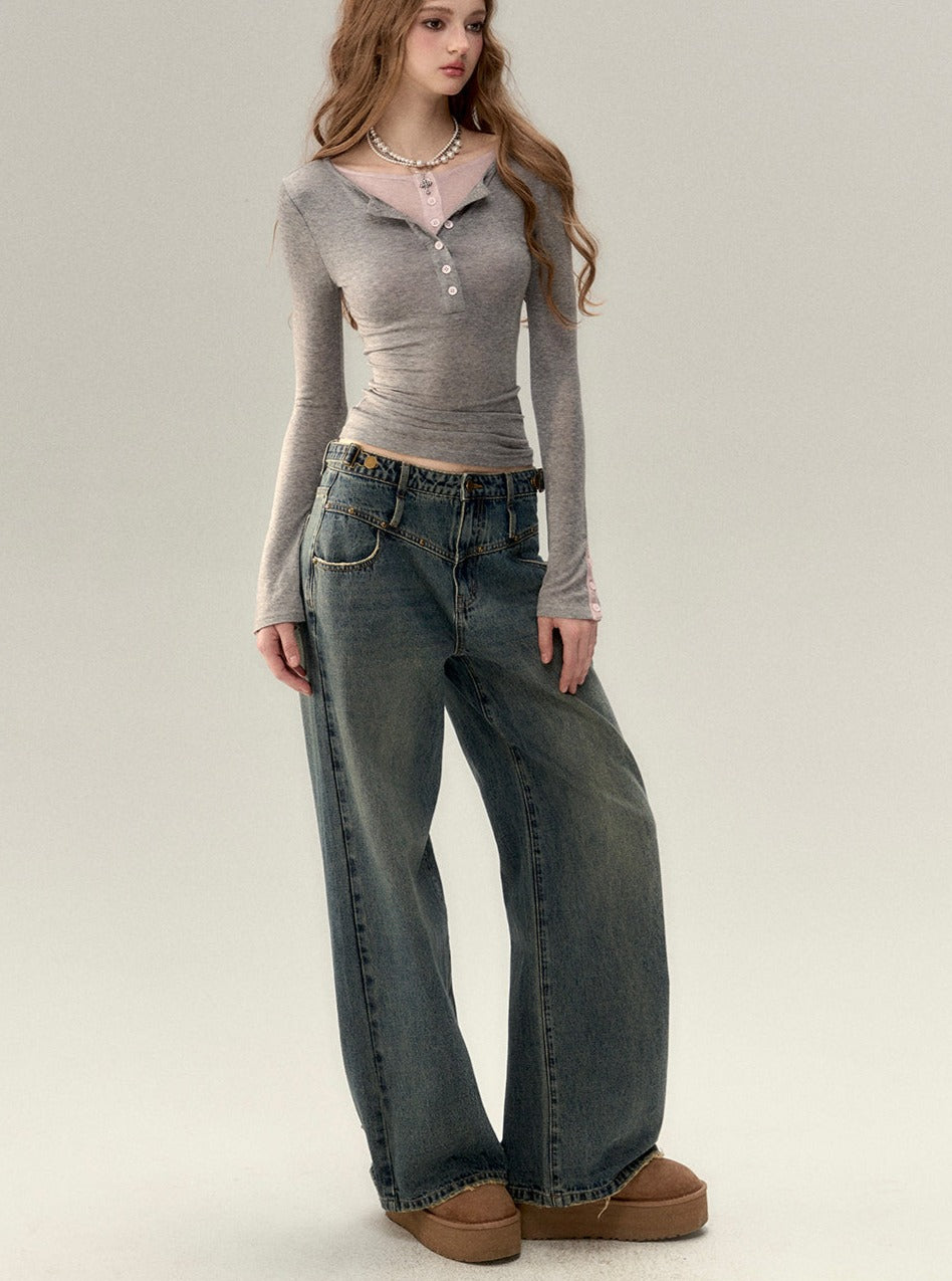 retro design straight studded jeans