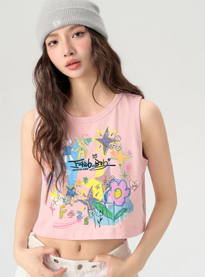 Fun Cartoon Graffiti Letter Vest Top