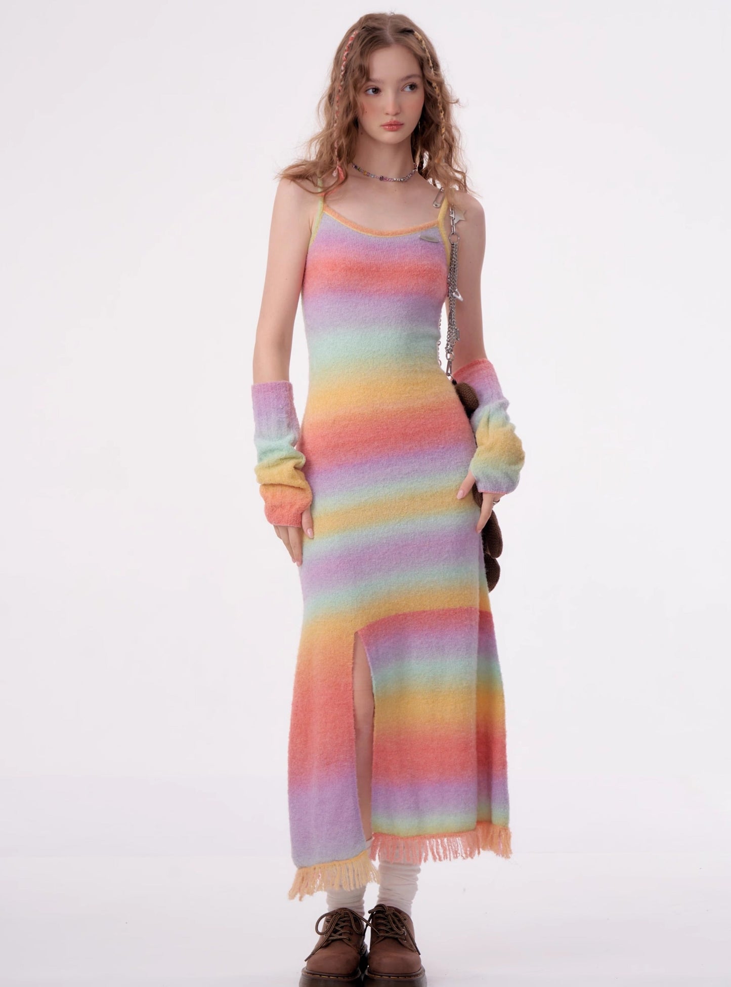 American retro slim rainbow knit bottom long dress