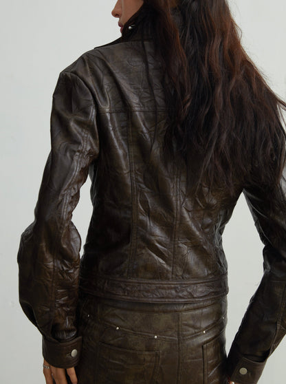 retro scratch texture leather simple jacket