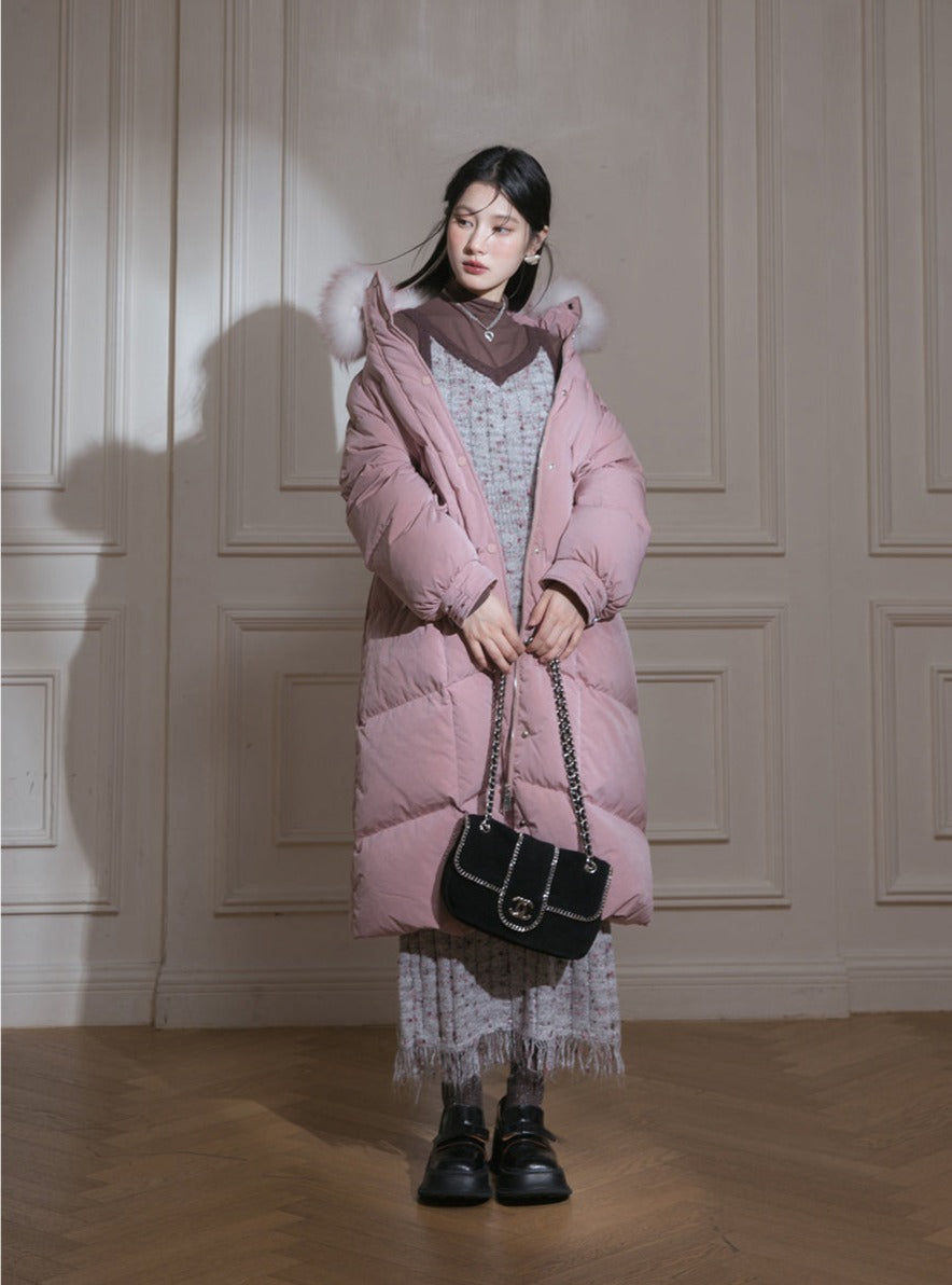 Fur collar long duck down jacket