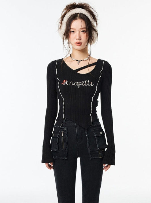 irregular collar embroidery slim shirt