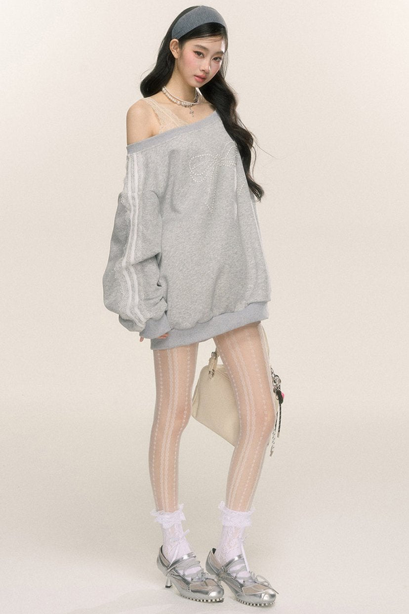 Slanted Shoulder Bow Loose Sweatshirt