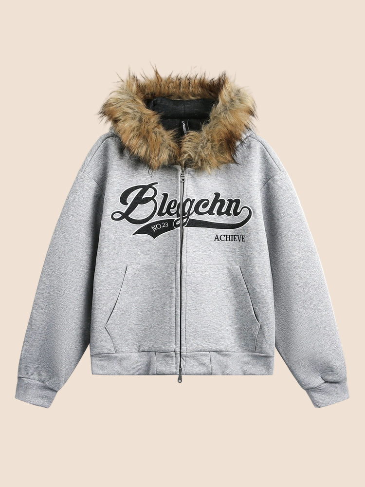 Embroidered Fur Collar Hooded Cardigan