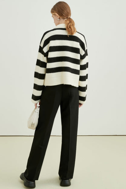 VEGA CHANG Sweater Women's Fall 2024 New Lazy Premium Polo Collar College Style Striped Knit