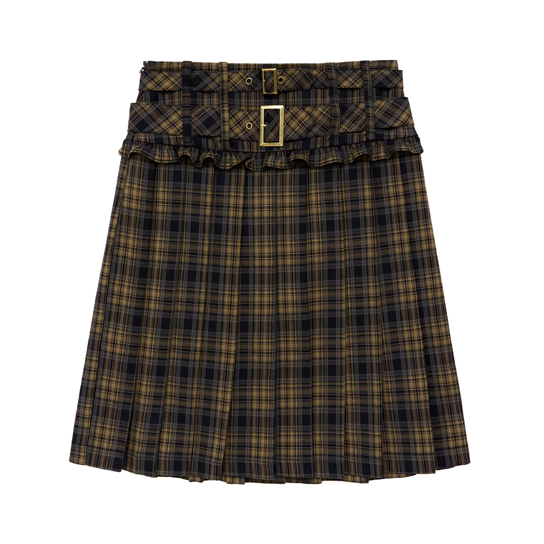 American Double Belt Pleated Skirt