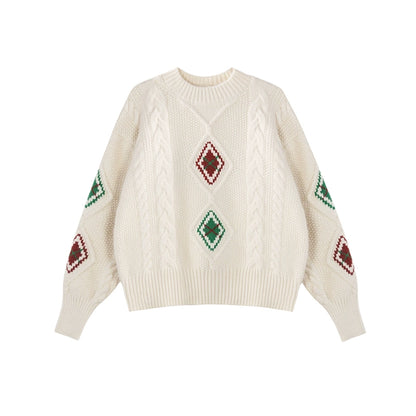 French Quilted Loose Crewneck Sweater