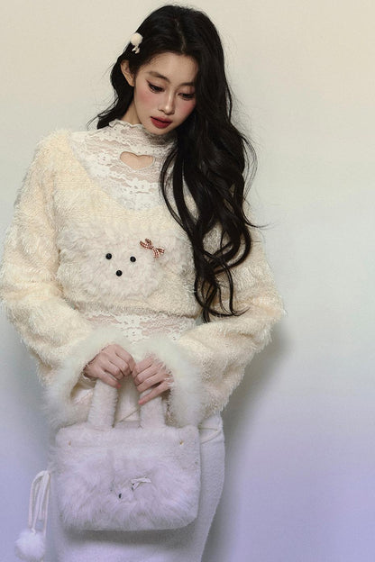 Plush Lace Short Sweater & Fishtail Skirt Set-Up