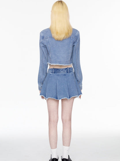 Washed Blue Pleated Denim Skirt