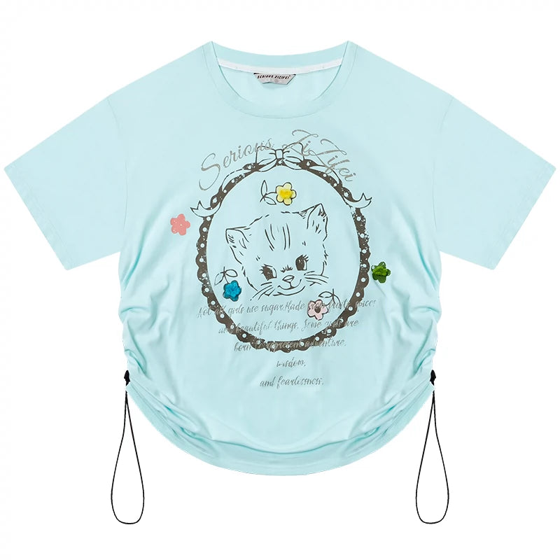 Loose Cat Print Drawstring T-Shirt