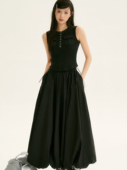 Sleeveless Top Long Balloon Skirt Two-Piece Set