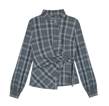 Gray-Blue Irregular Placket Plaid Shirt
