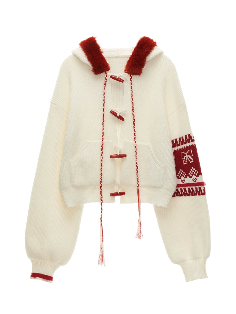 Patchwork Bow Jacquard Hooded Sweater Coat