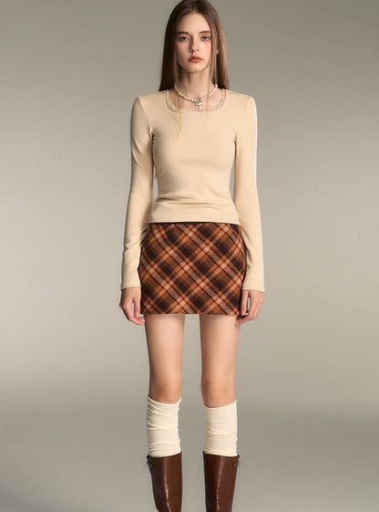 Retro American Red Brown Checkered Wool Skirt