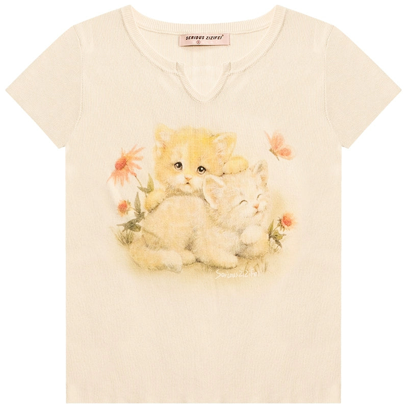 Retro Cat Print Slim T-Shirt