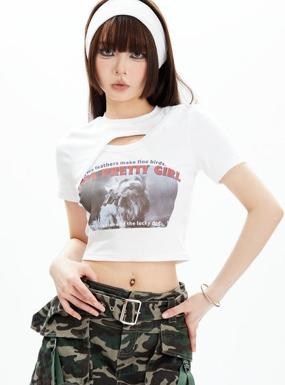 American Chest Hollow out Open Navel T-shirt