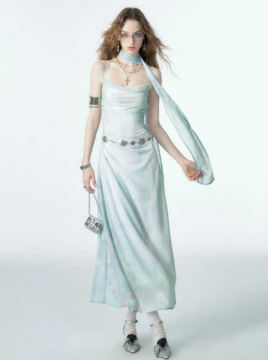 OfAkiva "Moon Valley" Tinte drucken Textur Chiffon Pendler Kleid Frauen Sommer ärmelloses Sommerkleid