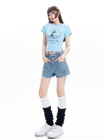 Denim cat printed short sleeved T-shirt