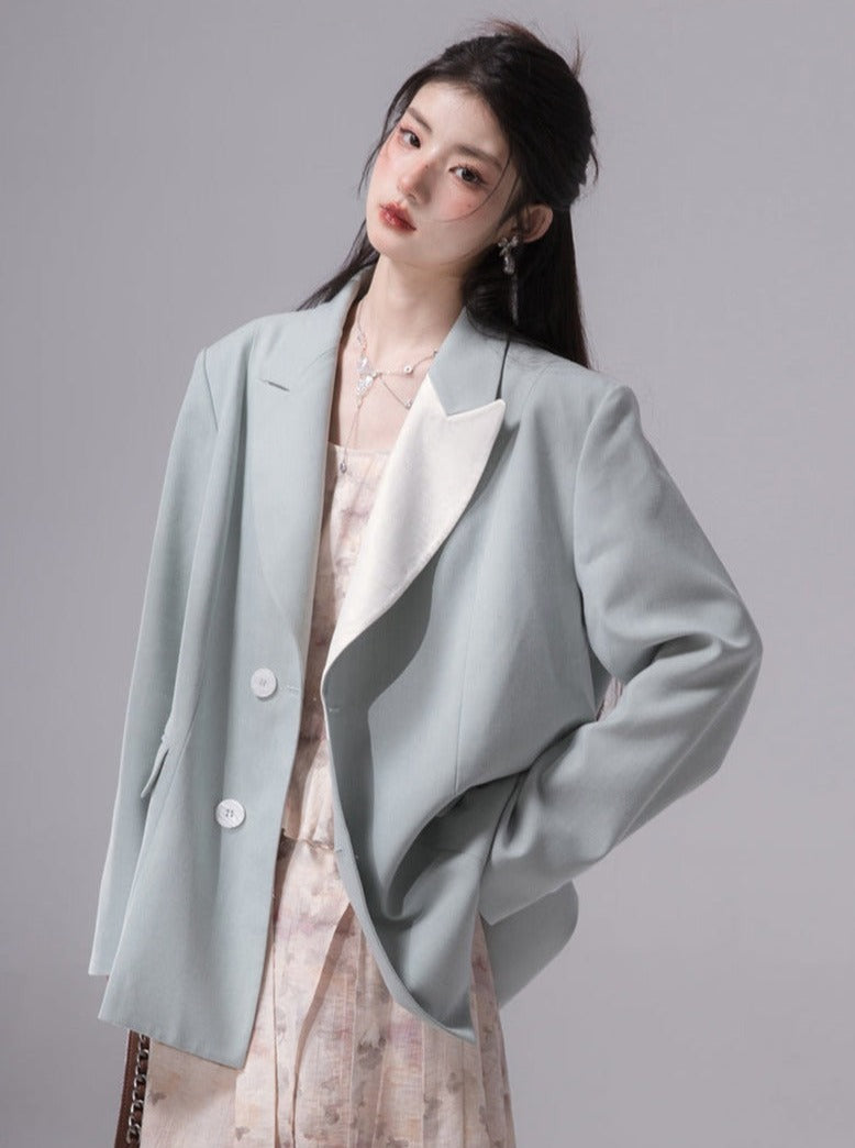 Lapel color-block blazer coat