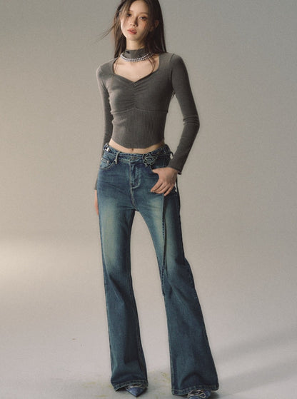 Vintage Flared Belt Jeans Pants