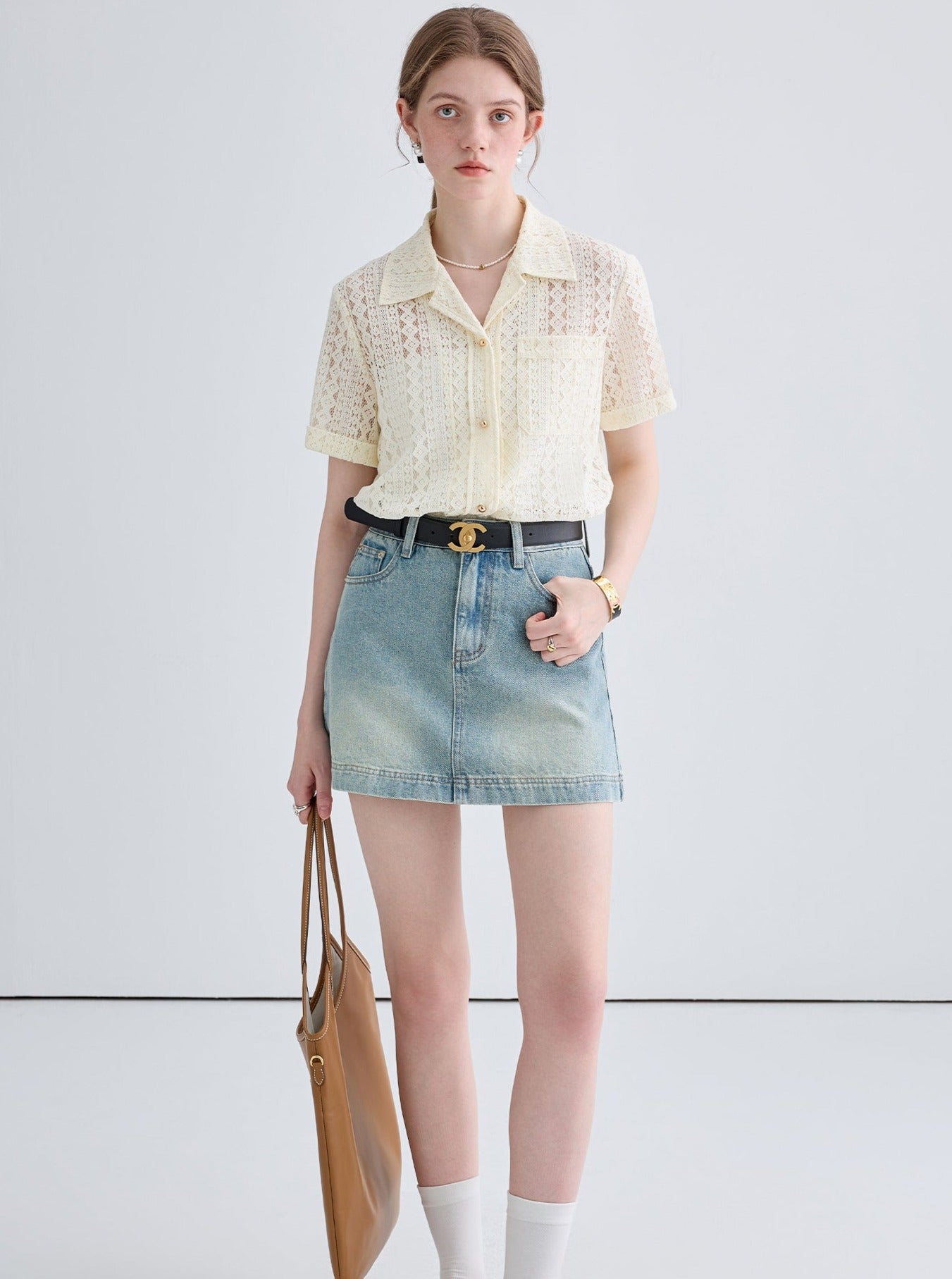 French V-Neck Casual Shirt And Skirt Set-Up