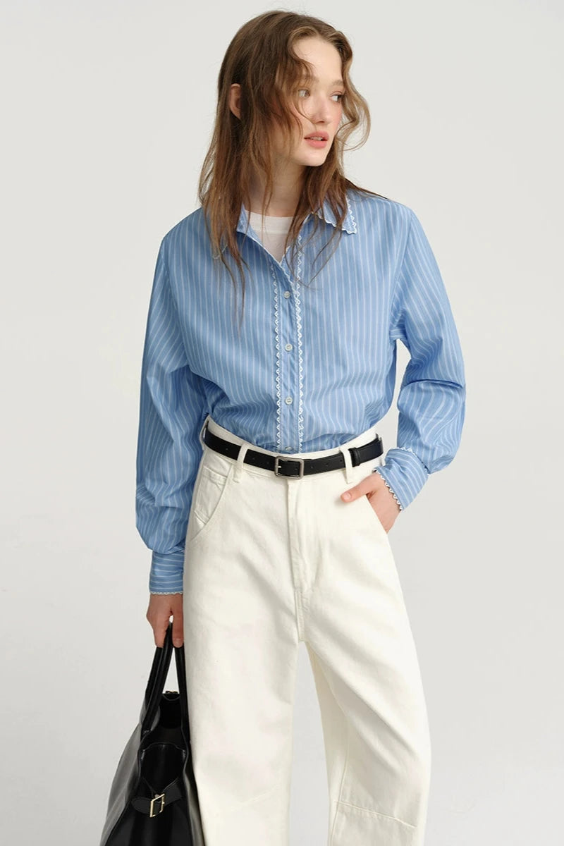 DESIGNER PLUS Blue Pinstripe Long Sleeve Shirt Women's Pre-Fall Design Lace Trim Lapel Shirt