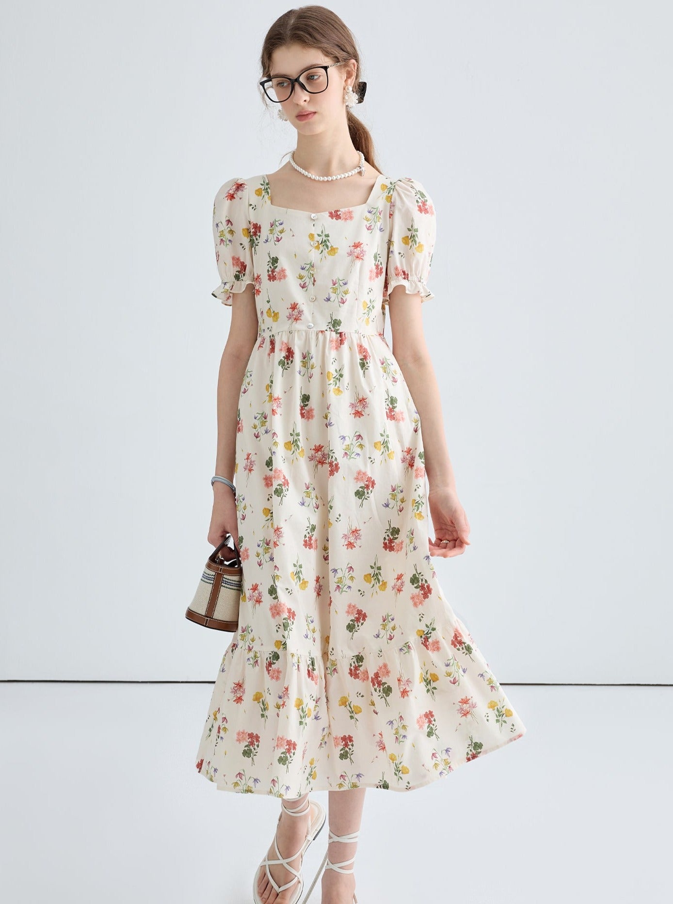 Vintage Floral Puff Sleeve Dress