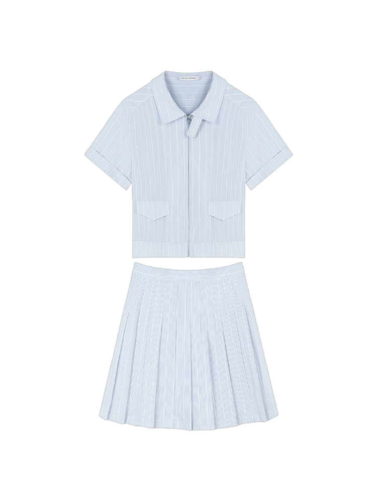 Striped Shirt And Pleated Skirt Set-Up