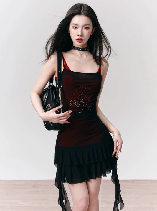 [Spot] fragile store - Rose Dieb schwarz und rot heißen Diamant Babes Mesh Slip Kleid schlankes Kleid