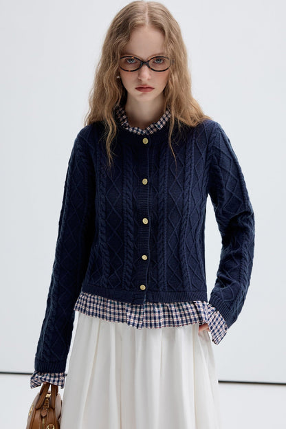 Check Stitching Knitwear College Top